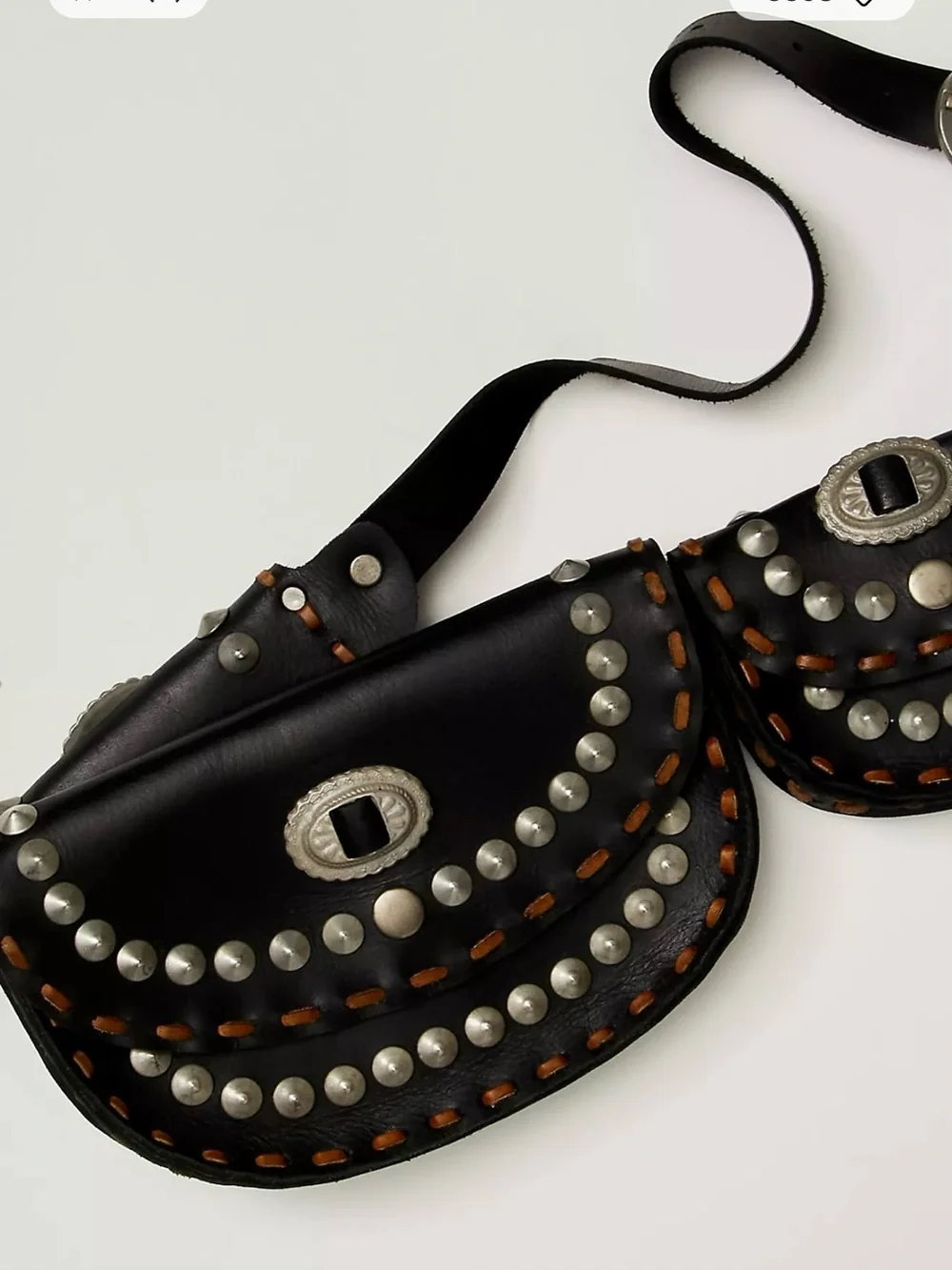 Free People Black Leather Double Pouch Crossbody Bag with Silver Studs